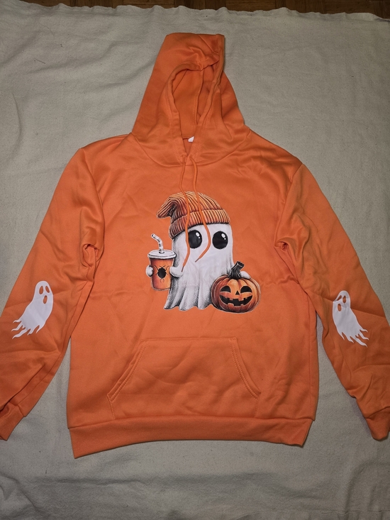 Tops - Women's Orange Halloween Ghost Hoodie Size L NWOT